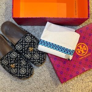 Tory Burch Women's T Monogram Charm Logo Print Black & Cream Mules - Size 9